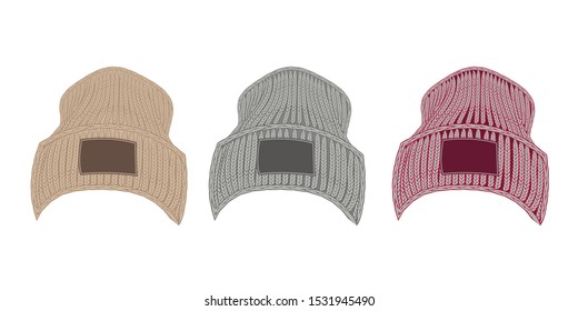 Knitted cap with label, vector color set