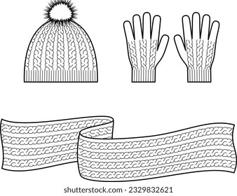 Knitterkappe, Schal, Handschuhe. Kleiderset. Fashion CAD. Vektorgrafik.