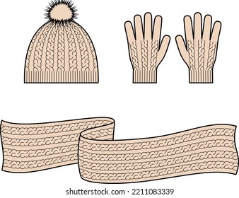 Knitted cap, scarf, gloves. Knitwear set. Fashion CAD. Vector illustration.