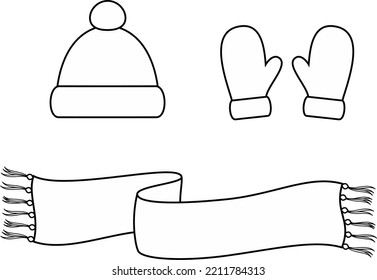 Knitted, cap, scarf, mittens flat sketch. Knit winter accessories apparel design.  CAD mockup Fashion technical drawing template. Vector illustration.