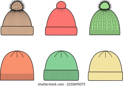 Knitted cap set flat sketch. Knit winter hat apparel design. Knitwear CAD mockup. Fashion technical drawing template. Vector illustration.