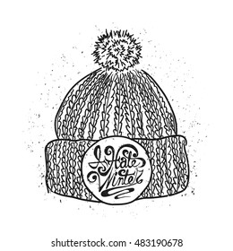 Knitted Cap Sketch. Hand Drawn Winter Hat With Lettering I Hate Winter