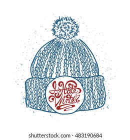 Knitted Cap Sketch. Hand-drawn Winter Hat With Lettering I Hate Winter