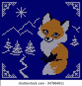 Knitted card with fox. Tree, mountain. Scandinavian blue knitted ornaments. Creative vector illustration.