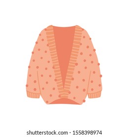 Knitted cardigan flat vector illustration. Cozy warm clothes isolated on white background. Stylish autumn and winter attire. Pink woolen outfit. Fashionable knitwear item with pompons.