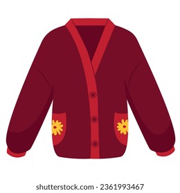 Knitted cardigan hand drawn cartoon illustration. Flat style design, isolated vector. Kids autumn, fall print element, seasonal warm, cozy clothes, knitting, handicraft, knitwear