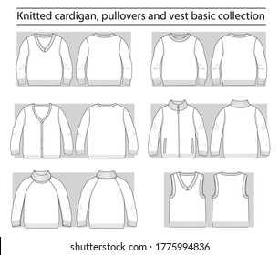 Knitted cardigan, pullovers and vest basic collection set of technical sketches