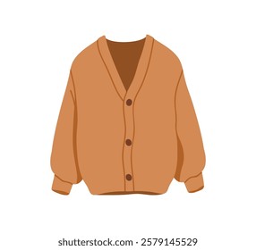 Knitted cardigan sweater with buttons and v neckline. Warm soft cozy woolen knitwear with sleeves for autumn season. Modern casual apparel. Flat vector illustration isolated on white background