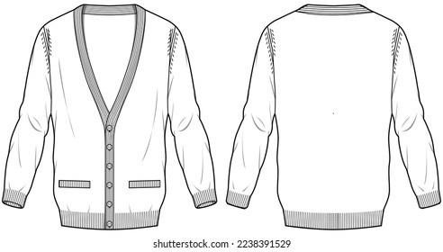 knitted Cardigan Sweater jacket design flat sketch Illustration, button front open sweater with front and back view, winter wear for Men and women, outerwear