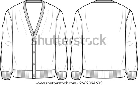 knitted Cardigan Sweater jacket design flat sketch Illustration, button front open sweater with front and back view, winter wear for Men and women, outerwear