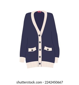 Knitted cardigan, winter fashion clothes, warm casual garment. Women elegant tricot jacket with long sleeve and closed buttons. Flat vector illustration isolated on white background
