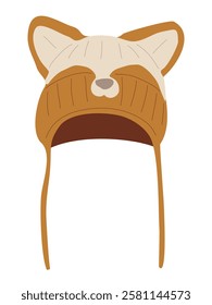 Knitted cartoon cat hat with a brown and white design. The hat is cute and playful . Colorful flat vector illustration isolated on white background