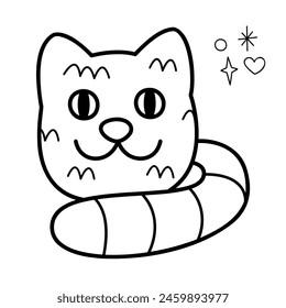 Knitted cat. Doodle outline vector black and white illustration.  