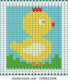 Knitted chick on grass, vector illustration