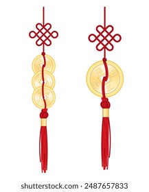 Knitted Chinese good luck coins. A bunch of coins. Symbol of good luck and prosperity. Chinese coins. Vector graphics.