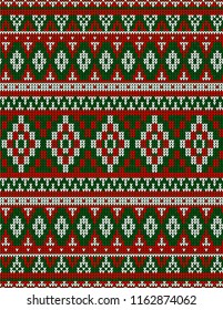 Knitted Chrismas rug tribal ornament seamless pattern. Ethnic aztec towel, yoga mat. Vector Henna tattoo style textile, greeting business card background, phone case print. Red, green, white
