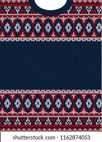 Knitted Chrismas tribal ornament ugly sweater pattern. Ethnic aztec jumper round collar. Vector scandinavian style textile, greeting business card poster background, phone case print. Red, blue, white