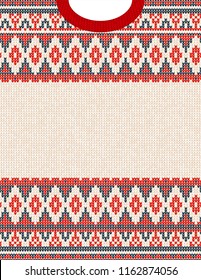 Knitted Chrismas tribal ornament ugly sweater pattern. Ethnic aztec jumper round collar. Vector scandinavian style textile, greeting business card poster background, phone case print. Red, blue, white