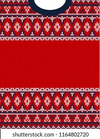 Knitted Chrismas tribal ornament ugly sweater pattern. Ethnic aztec jumper round collar. Vector scandinavian style textile, greeting business card poster background, phone case print. Red, blue, white