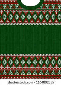 Knitted Chrismas tribal ornament ugly sweater pattern. Ethnic aztec jumper round collar. Vector scandinavian style textile, greeting business card poster background, phone case print Red, green, white