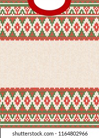 Knitted Chrismas tribal ornament ugly sweater pattern. Ethnic aztec jumper round collar. Vector scandinavian style textile, greeting business card poster background, phone case print Red, green, white