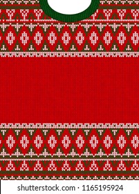 Knitted Chrismas tribal ornament ugly sweater pattern. Ethnic aztec jumper round collar. Vector scandinavian style textile, greeting business card poster background, phone case print Red, green, white