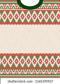 Knitted Chrismas tribal ornament ugly sweater pattern. Ethnic aztec jumper round collar. Vector scandinavian style textile, greeting business card poster background, phone case print Red, green, white