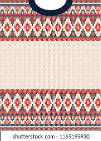 Knitted Chrismas tribal ornament ugly sweater pattern. Ethnic aztec jumper round collar. Vector scandinavian style textile, greeting business card poster background, phone case print. Red, blue, white