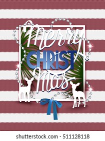 Knitted christmas background with frame and christmas decorations. Vector illustration
