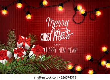 Knitted christmas background with light garlands and and christmas decorations. Vector illustration