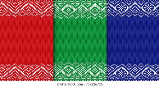 Knitted christmas background. Set of three colors seamless geometric ornament. Xmas knit winter sweater texture design with empty place to your text. Vector illustration