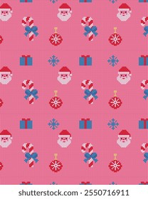 Knitted Christmas Charm: A festive pink background featuring Santa Claus, a gift box, a holiday ornament, and a candy cane in a cozy knitted design.