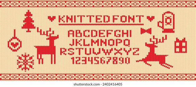 Knitted Christmas Font Features Letters And Numbers Crafted To Resemble Cozy Knit Patterns, Vector Illustration