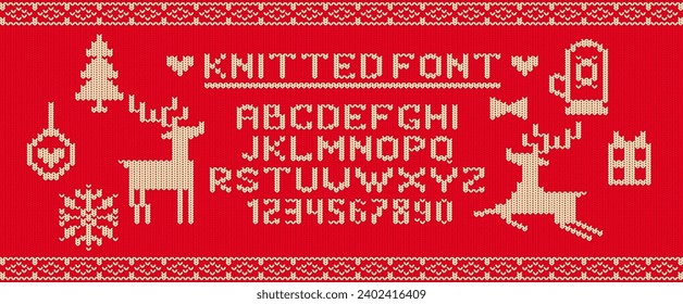 Knitted Christmas Font Features Letters And Numbers On Red Cozy, Yarn-like Texture With Holiday Tree, Baubles