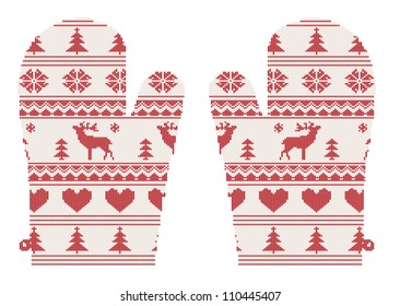 knitted christmas mittens with pattern with deers, vector illustration. Christmas concept for banner, placard, billboard or web site. New Year retro greeting card and background. Image for invitation.
