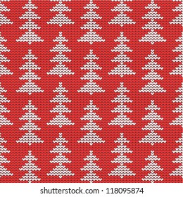 Knitted Christmas or New Year background with silver pine or fir trees on red, plus seamless pattern included in swatch palette (pattern fill expanded). For high res JPEG or TIFF see image 118095877