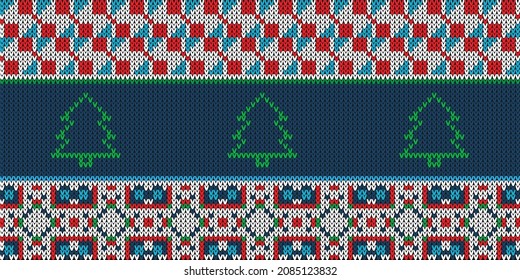Knitted Christmas and New Year background pattern with Christmas tree