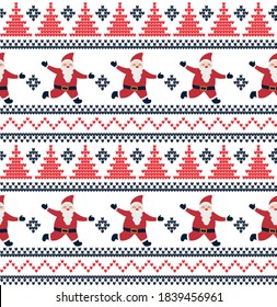 Knitted Christmas and New Year pattern in santa claus. Wool Knitting Sweater Design. Wallpaper wrapping paper textile print.