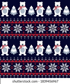 Knitted Christmas and New Year pattern into bears. Wool Knitting Sweater Design. Wallpaper wrapping paper textile print.