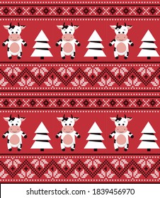 Knitted Christmas and New Year pattern in cows. Wool Knitting Sweater Design. Wallpaper wrapping paper textile print.