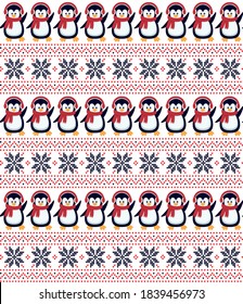 Knitted Christmas and New Year pattern the penguins. Wool Knitting Sweater Design. Wallpaper wrapping paper textile print.