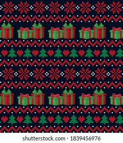 Knitted Christmas and New Year pattern. Wool Knitting Sweater Design. Wallpaper wrapping paper textile print.