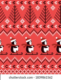 Knitted Christmas and New Year pattern the penguins. Wool Knitting Sweater Design. Wallpaper wrapping paper textile print.