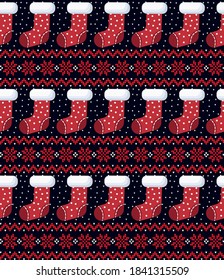 Knitted Christmas and New Year pattern in snowmen. Wool Knitting Sweater Design. Wallpaper wrapping paper textile print.