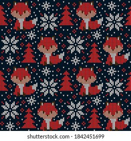 Knitted Christmas and New Year pattern in cow. Wool Knitting Sweater Design. Wallpaper wrapping paper textile print.