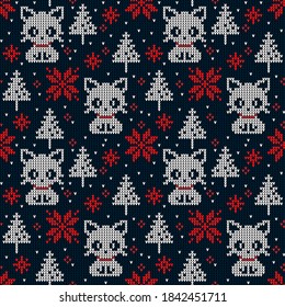 Knitted Christmas and New Year pattern in cats. Wool Knitting Sweater Design. Wallpaper wrapping paper textile print.