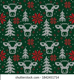 Knitted Christmas and New Year pattern in cow. Wool Knitting Sweater Design. Wallpaper wrapping paper textile print.