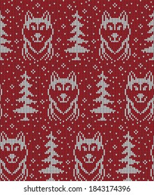 Knitted Christmas and New Year pattern in wolves. Wool Knitting Sweater Design. Wallpaper wrapping paper textile print.