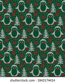 Knitted Christmas and New Year pattern . Wool Knitting Sweater Design. Wallpaper wrapping paper textile print.