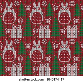 Knitted Christmas and New Year pattern . Wool Knitting Sweater Design. Wallpaper wrapping paper textile print.
